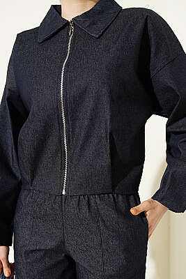 Fermuarlı Kısa Ceketli Kot Takım Lacivert - Kadın Giyim Modelleri