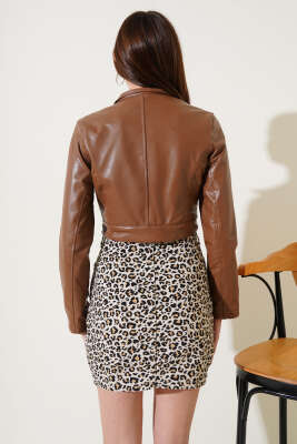 Fermuarlı Kısa Deri Ceket Taba - Kadın Giyim Modelleri