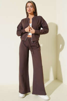 Fermuarlı Kısa Hırkalı İkili Takım Kahve - Kadın Giyim Modelleri