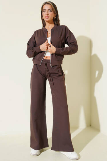 Fermuarlı Kısa Hırkalı İkili Takım Kahve - Kadın Giyim Modelleri