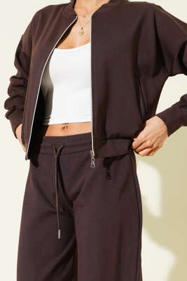 Fermuarlı Kısa Hırkalı İkili Takım Kahve - Kadın Giyim Modelleri