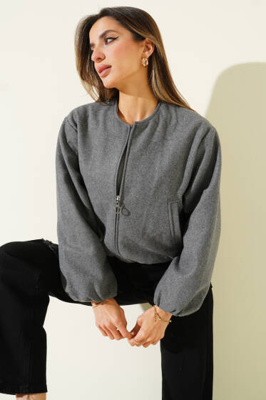 Fermuarlı Kısa Kaşe Bomber Ceket Füme - Kadın Giyim Modelleri