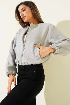 Fermuarlı Kısa Kaşe Bomber Ceket Gri 