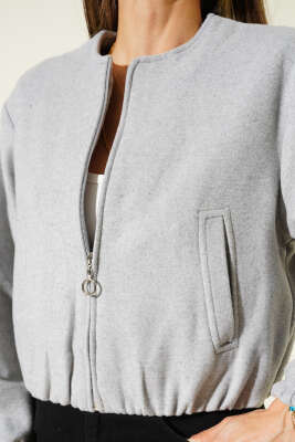 Fermuarlı Kısa Kaşe Bomber Ceket Gri - Kadın Giyim Modelleri