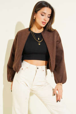 Fermuarlı Kısa Kaşe Bomber Ceket Kahve - Kadın Giyim Modelleri