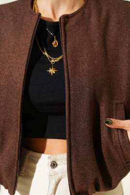 Fermuarlı Kısa Kaşe Bomber Ceket Kahve - Kadın Giyim Modelleri