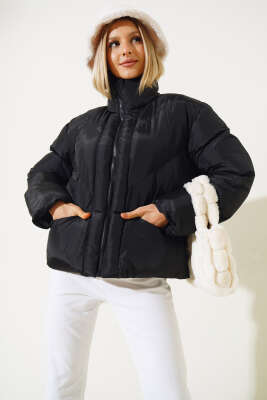 Fermuarlı Kısa Şişme Mont Siyah - Kadın Giyim Modelleri