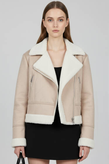 Fermuarlı Kısa Süet Mont Bej - Kadın Giyim Modelleri