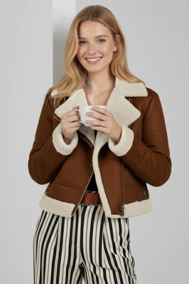 Fermuarlı Kısa Süet Mont Kahve - Kadın Giyim Modelleri