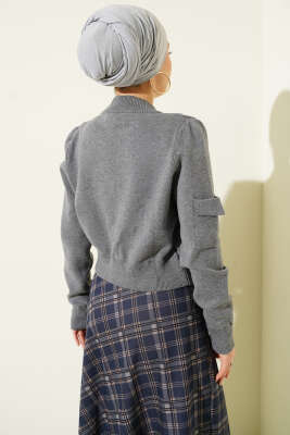 Fermuarlı Kısa Triko Hırka Gri - Hırka