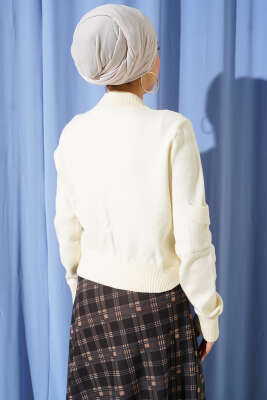 Fermuarlı Kısa Triko Hırka Kemik - Hırka