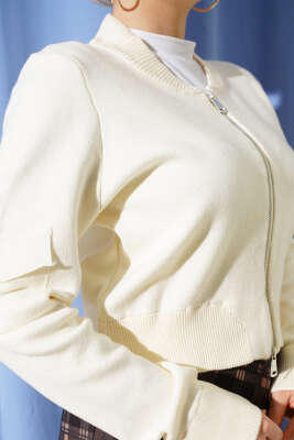 Fermuarlı Kısa Triko Hırka Kemik - Hırka