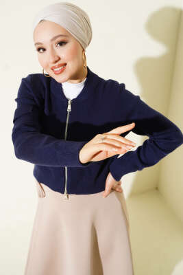 Fermuarlı Kısa Triko Hırka Lacivert - Hırka