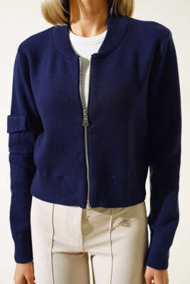 Fermuarlı Kısa Triko Hırka Lacivert - Kadın Giyim Modelleri