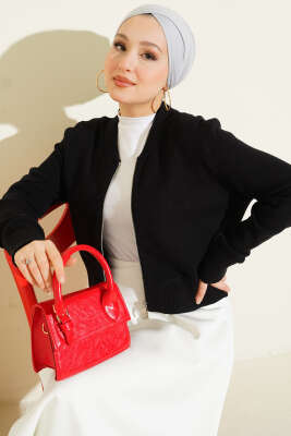 Fermuarlı Kısa Triko Hırka Siyah 