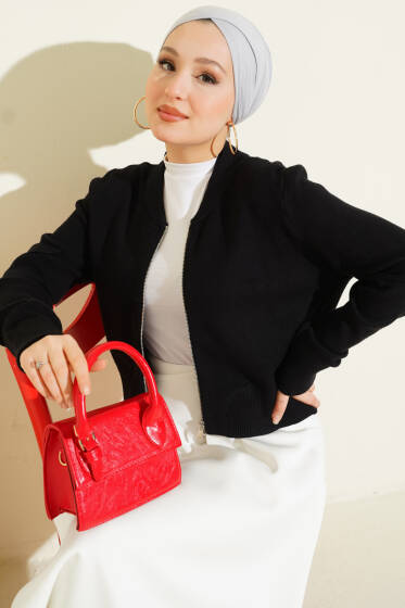 Fermuarlı Kısa Triko Hırka Siyah - Hırka