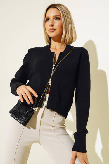 Fermuarlı Kısa Triko Hırka Siyah - Kadın Giyim Modelleri