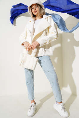 Fermuarlı Kürklü Deri Mont Ekru - Kadın Giyim Modelleri