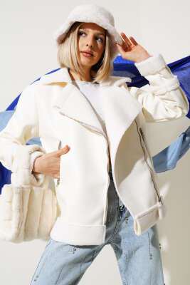 Fermuarlı Kürklü Deri Mont Ekru 