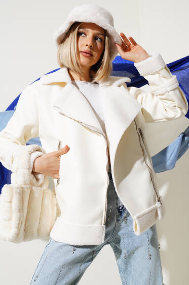 Fermuarlı Kürklü Deri Mont Ekru - Kadın Giyim Modelleri