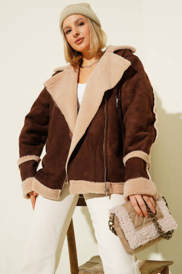 Fermuarlı Kürklü Deri Mont Kahve - Kadın Giyim Modelleri