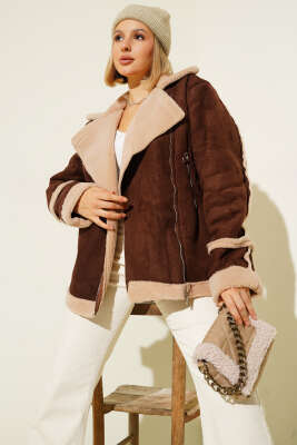 Fermuarlı Kürklü Deri Mont Kahve - Kadın Giyim Modelleri