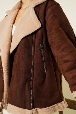 Fermuarlı Kürklü Deri Mont Kahve - Kadın Giyim Modelleri