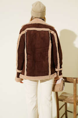 Fermuarlı Kürklü Deri Mont Kahve - Yeni Giyim