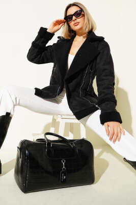 Fermuarlı Kürklü Deri Mont Siyah 