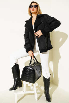 Fermuarlı Kürklü Deri Mont Siyah - Kadın Giyim Modelleri