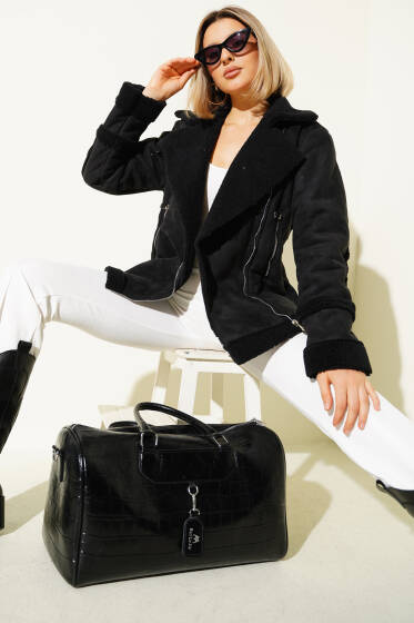 Fermuarlı Kürklü Deri Mont Siyah - Yeni Giyim