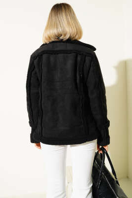 Fermuarlı Kürklü Deri Mont Siyah - Yeni Giyim
