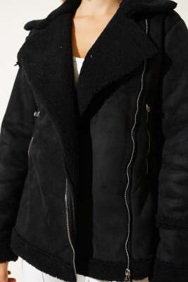 Fermuarlı Kürklü Deri Mont Siyah - Yeni Giyim