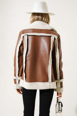 Fermuarlı Kürklü Deri Mont Taba - Kadın Giyim Modelleri