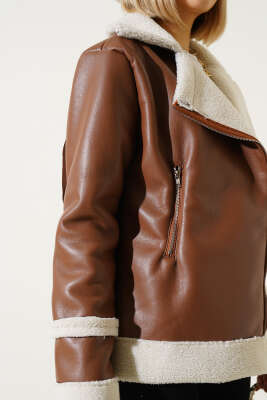 Fermuarlı Kürklü Deri Mont Taba - Kadın Giyim Modelleri