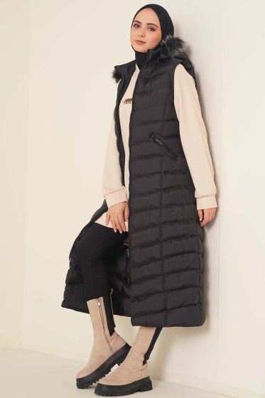 Fermuarlı Kürklü Şişme Yelek Siyah - Yelek