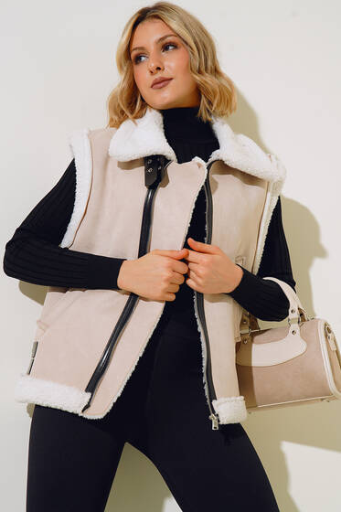 Fermuarlı Kürklü Süet Biker Yelek Bej - Kadın Giyim Modelleri