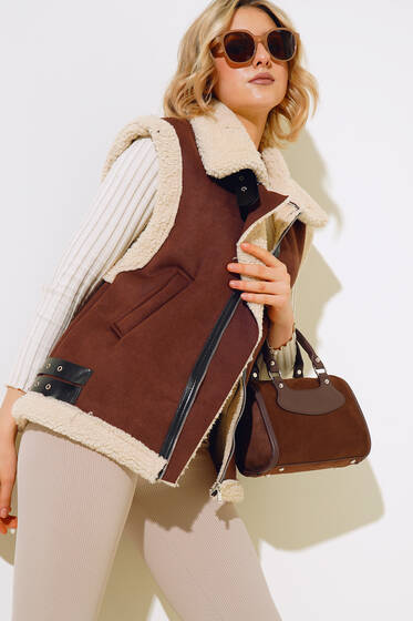 Fermuarlı Kürklü Süet Biker Yelek Kahve - Kadın Giyim Modelleri