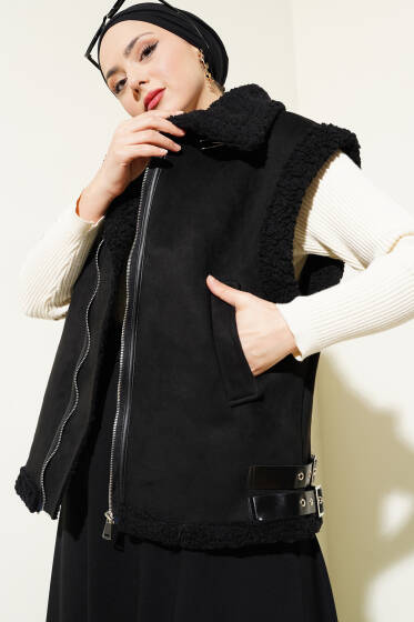 Fermuarlı Kürklü Süet Yelek Siyah - Yelek