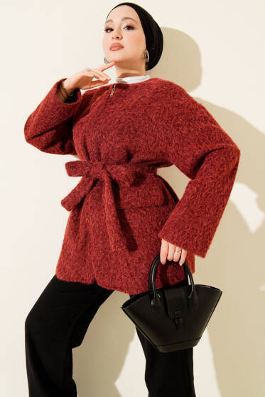 Fermuarlı Kuşaklı Keçe Ceket Bordo - Ceket