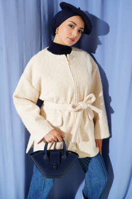 Fermuarlı Kuşaklı Keçe Ceket Ekru - HEWES