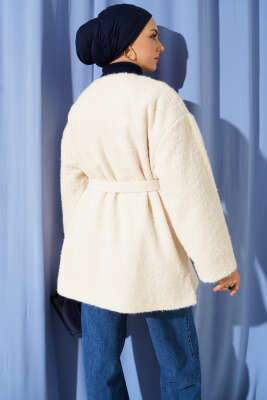 Fermuarlı Kuşaklı Keçe Ceket Ekru - Ceket