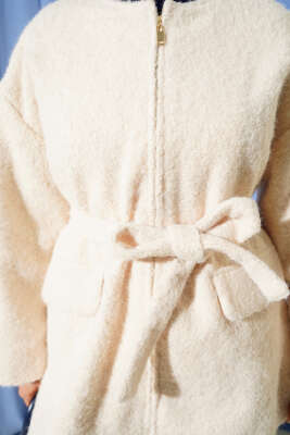 Fermuarlı Kuşaklı Keçe Ceket Ekru - Ceket