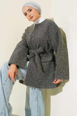 Fermuarlı Kuşaklı Keçe Ceket Gri - HEWES