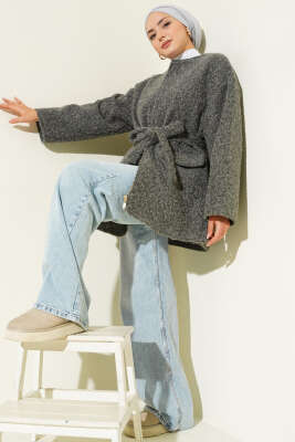 Fermuarlı Kuşaklı Keçe Ceket Gri - Ceket