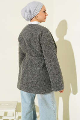 Fermuarlı Kuşaklı Keçe Ceket Gri - Ceket