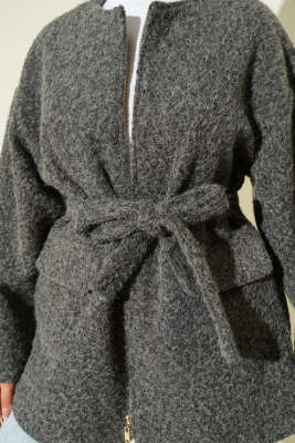 Fermuarlı Kuşaklı Keçe Ceket Gri - Ceket