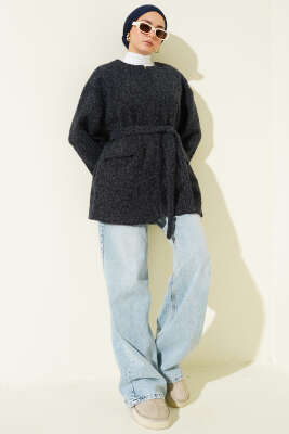 Fermuarlı Kuşaklı Keçe Ceket Lacivert - Ceket