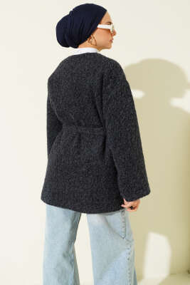 Fermuarlı Kuşaklı Keçe Ceket Lacivert - Ceket