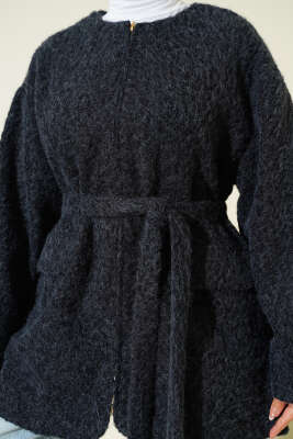 Fermuarlı Kuşaklı Keçe Ceket Lacivert - Ceket